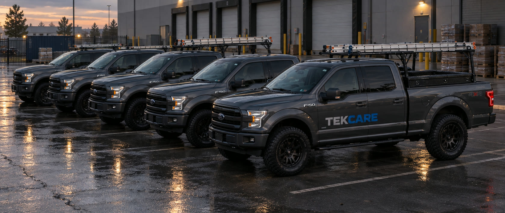 Row of TekCare-branded service pickups parked at a warehouse loading dock